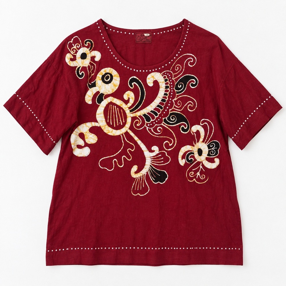 Burgundy Red Cotton Batik Bird Print Phoenix Top 42 Maximalist Psychedelic